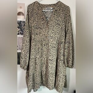 Beige Tiered Button-Front Dress with Black Spot Print